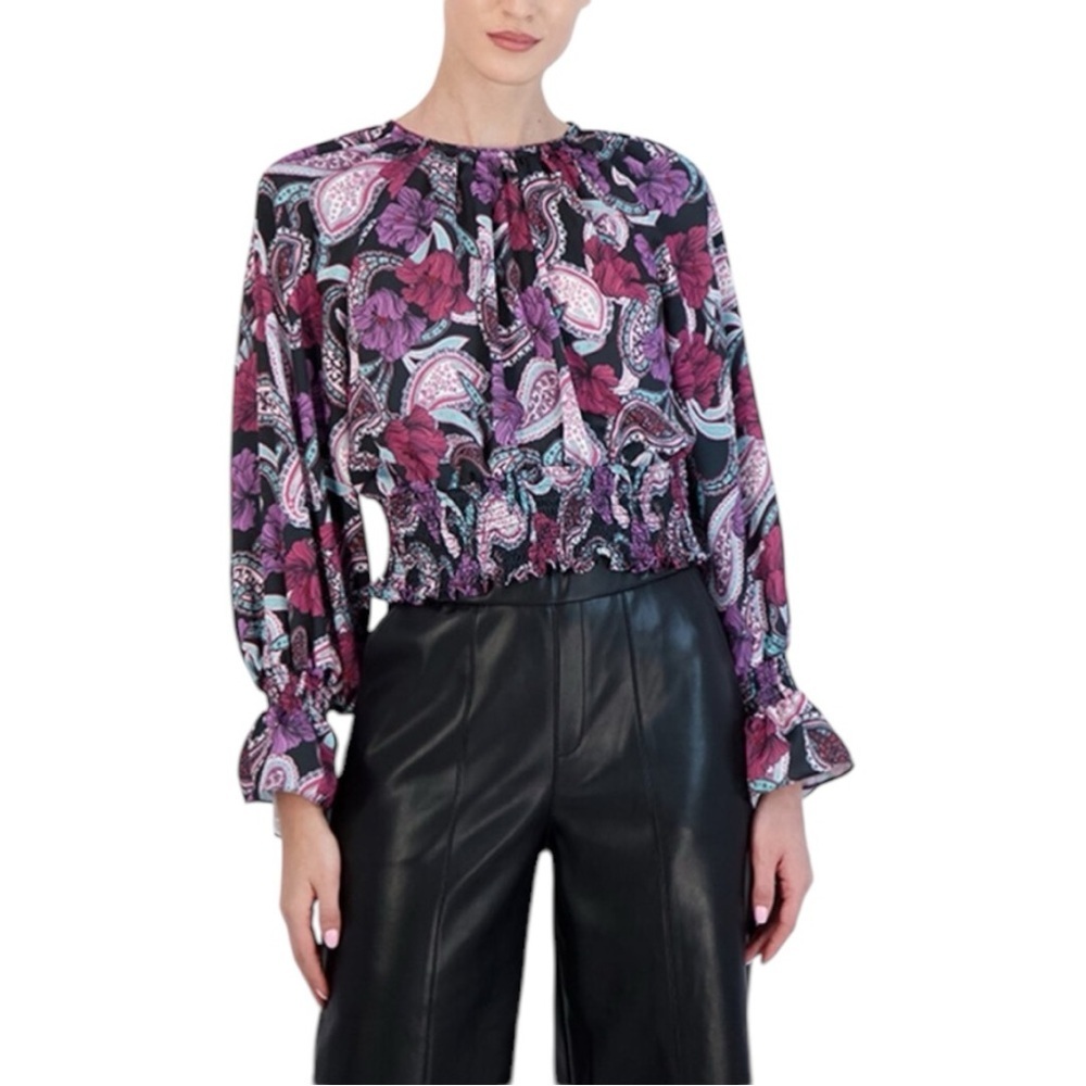 BCBGMAXAZRIA Floral Smocked Paisley Purple and Black Long Sleeve Top Size XS